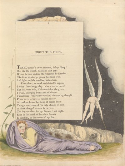 Pensieri notturni di Young, Pagina 1, Vola rapido sul suo piumato cuscino dal dolore da William Blake